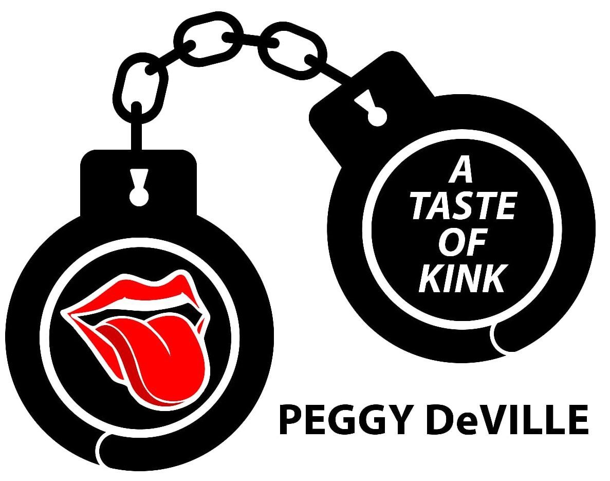 A Taste of Kink event logo featuring handcuffs, red tongue icon and Peggy DeVille branding for her UK femdom, pegging and kink taster events.