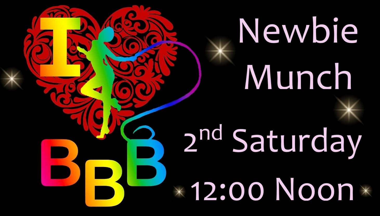 BBB Newbie Munch promotional graphic showing the Birmingham Bizarre Bazaar logo, event time and date, hosted by Peggy DeVille for newcomers to kink and BDSM.